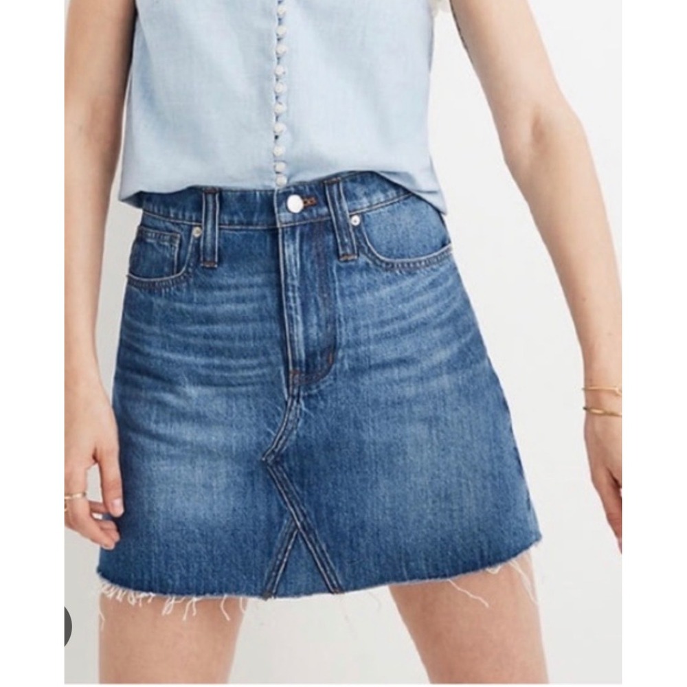 Madewell Denim Mini Skirt High Rise Raw Hem Womens 27 Medium Wash Blue